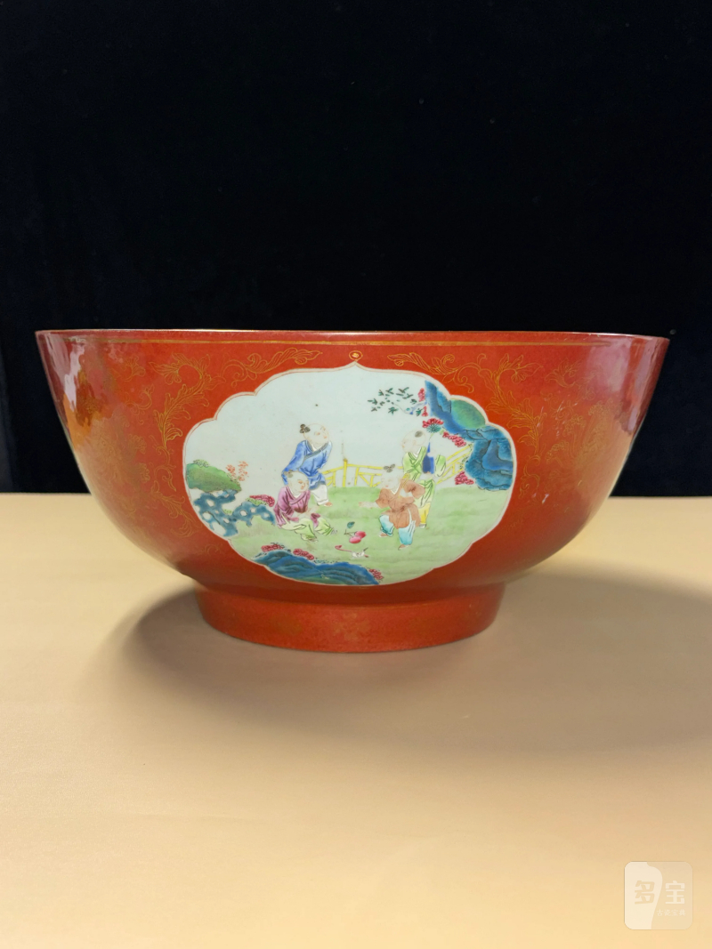 清乾隆 珊瑚描金开光婴戏图大碗 - 图3